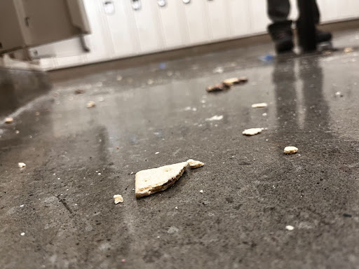 Crumbled Pop-Tarts on boys locker room floor.