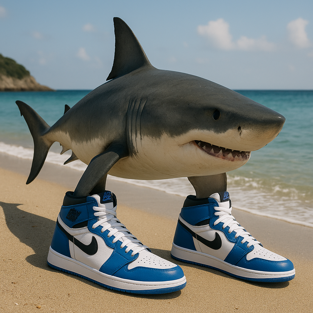 AI Generated image of Tralalero Tralala on a southern Italian beach.