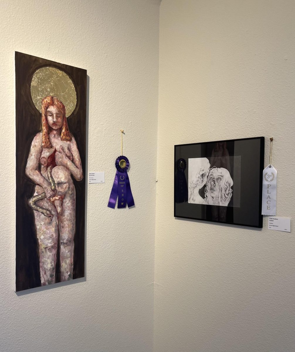 "Piece by Piece" by Alina Smith (left) and untitled drawing by Clyde Sundeen (right).