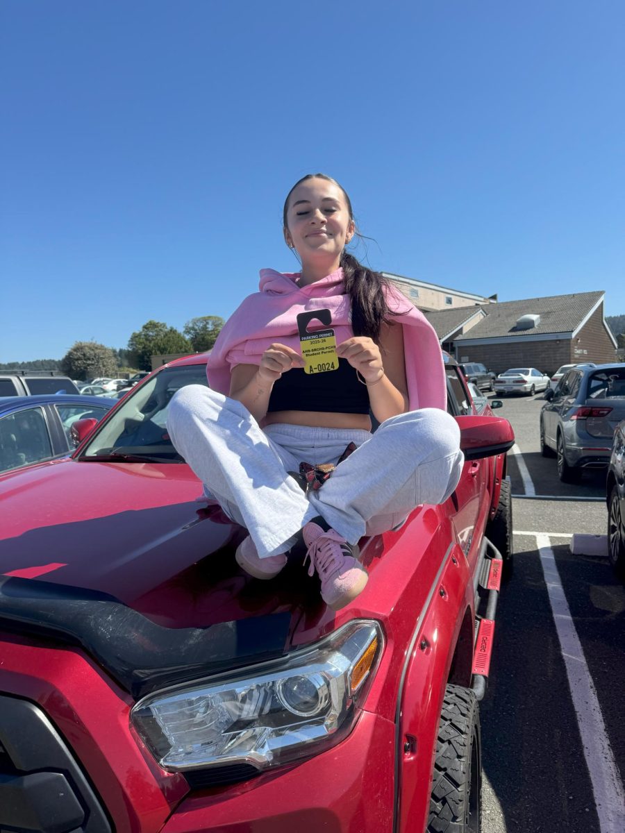 Cueto sitting on her car, proudly showing off her new parking pass to unlicensed freshmen.