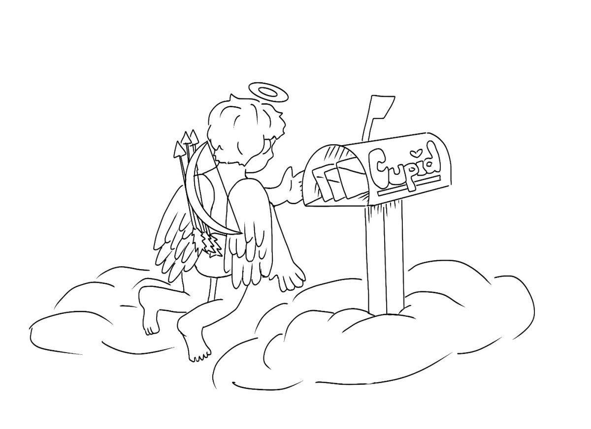 A drawing of cupid putting mail in the cupid's mailbox. 