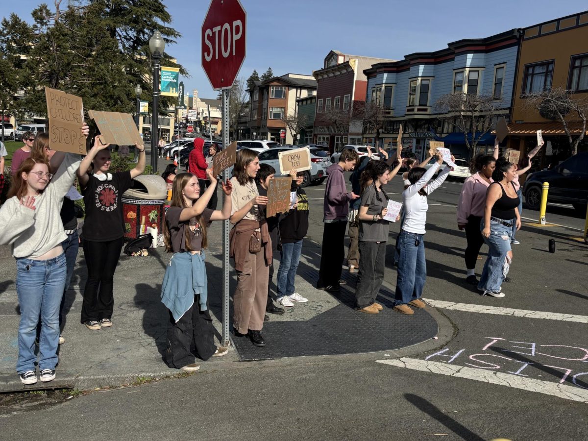 Arcata High students protesting against ICE at the Arcata Plaza. 