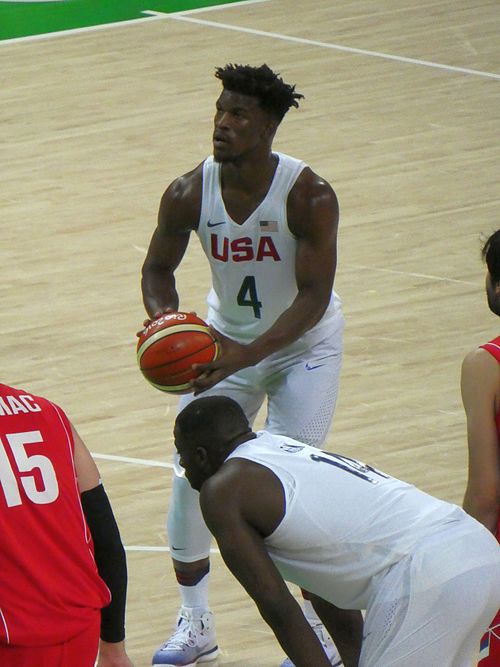 Jimmy Butler shooting a free throw in the 2016 Olympics.