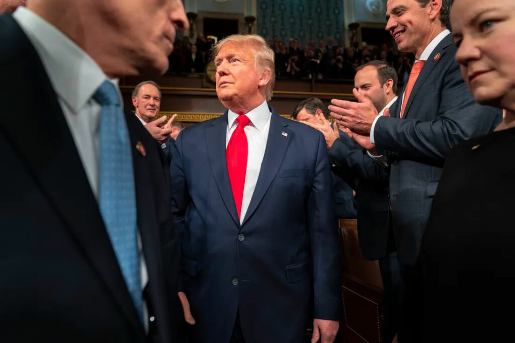 President Donald Trump enters the House chamber for a previous State of the Union address in 2020.
