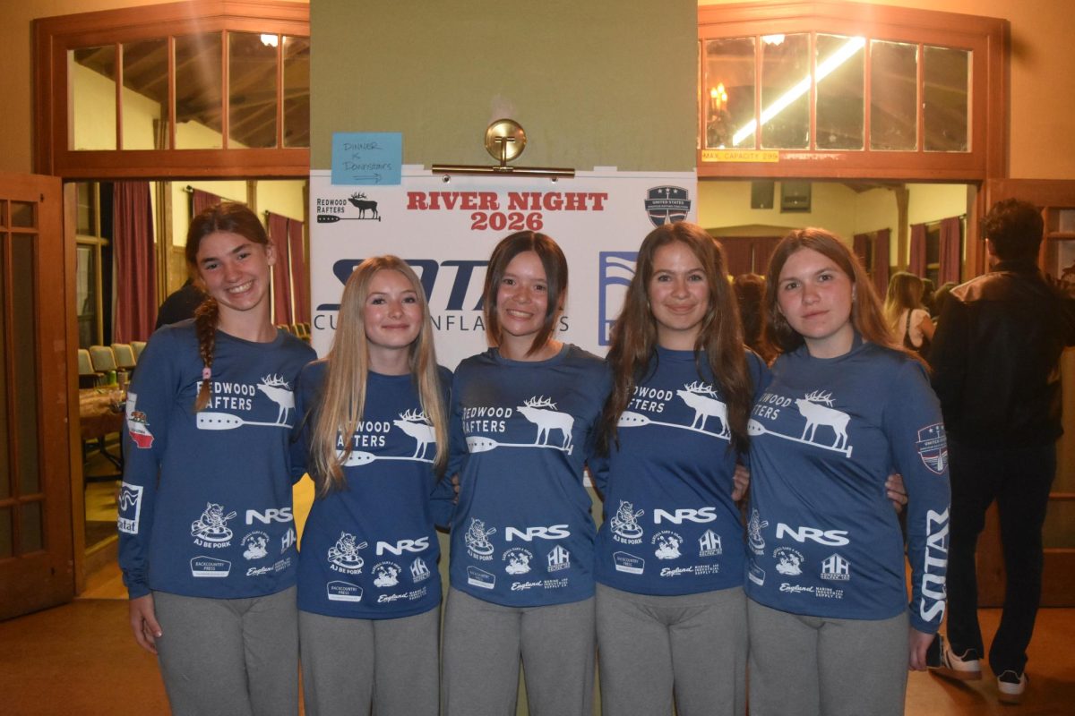The U19 Redwood Rafters team at River Night in their new jerseys for Worlds. From left to right, Alia Collins, Johana Olson, Amaya Teraoka, Nova Garwood, and Ender Guthrie. 