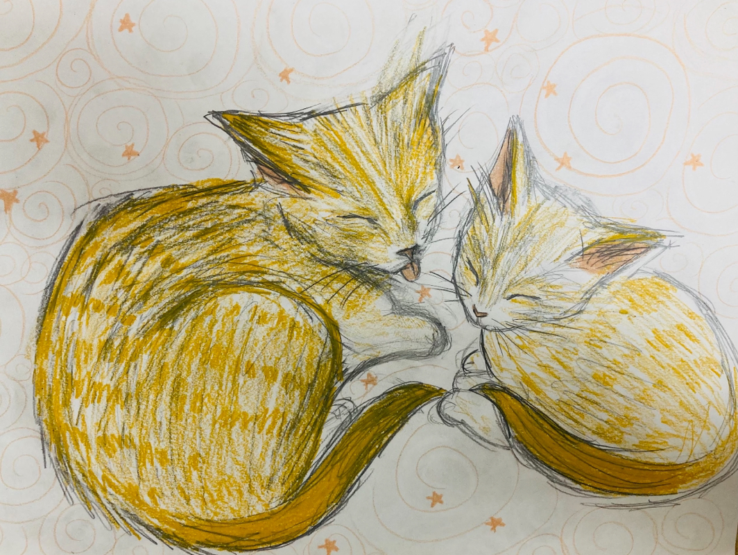 Drawing of two orange cats together.